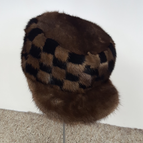 Mink Fur Checkerboard Flat Top Cap - Picture 2 of 4